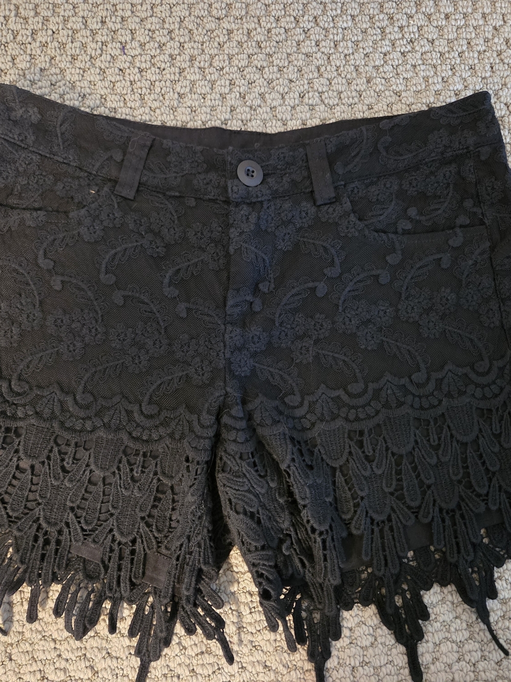 Monoreno Black Lace Overlay Fringe Shorts | Women's Medium | Boho Boutique